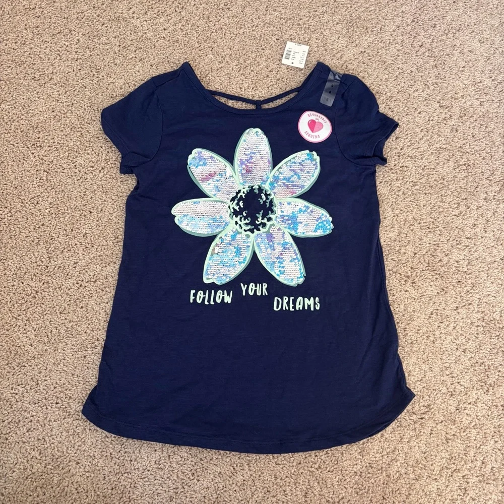 Justice Navy Tee with Flip Sequin Flower Design Size 8